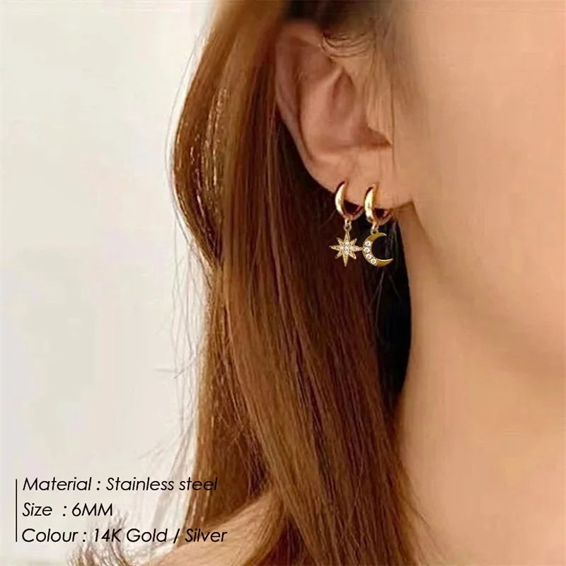 Aesthetic Star and Moon Hoop Earrings Dangle Earring