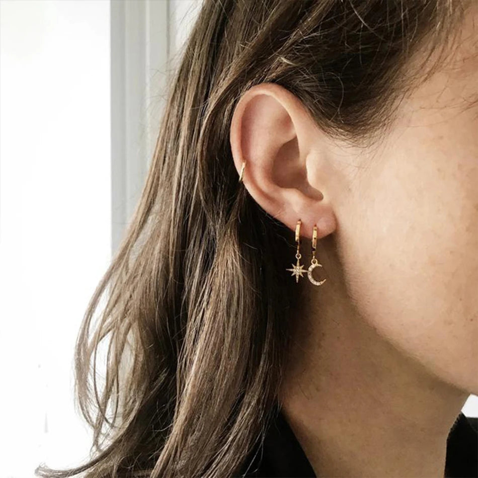 Aesthetic Star and Moon Hoop Earrings Dangle Earring