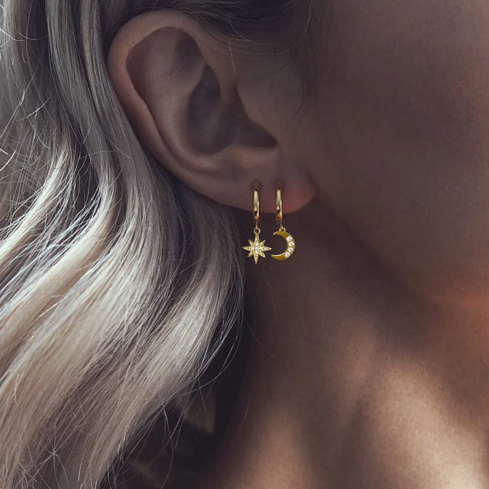 Aesthetic Star and Moon Hoop Earrings Dangle Earring