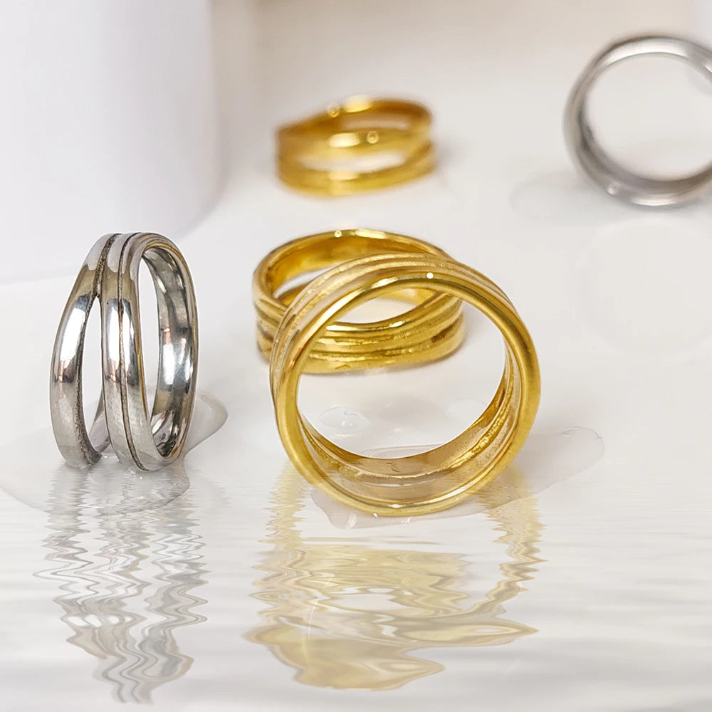 Elegant gold and silver color multilayer line ring