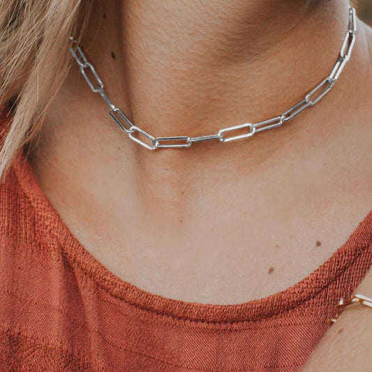 Women's necklace with silver paper clip chain